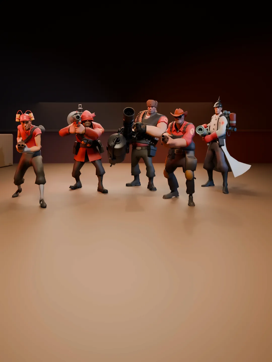 Scout, Soldier, Heavy, Engineer and Medic with their stock weapons, rendered from the official TF2 game models