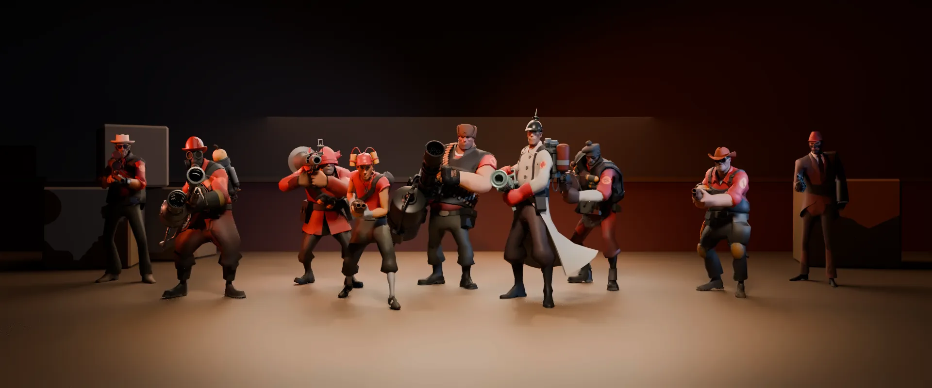 All nine TF2 classes with their stock weapons and class hats, rendered from the official game models